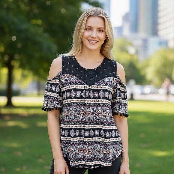 Susina Top Women Sze 1X Black White Paisley Cold Shoulder Bohemian Casual Blouse - Picture 2 of 12